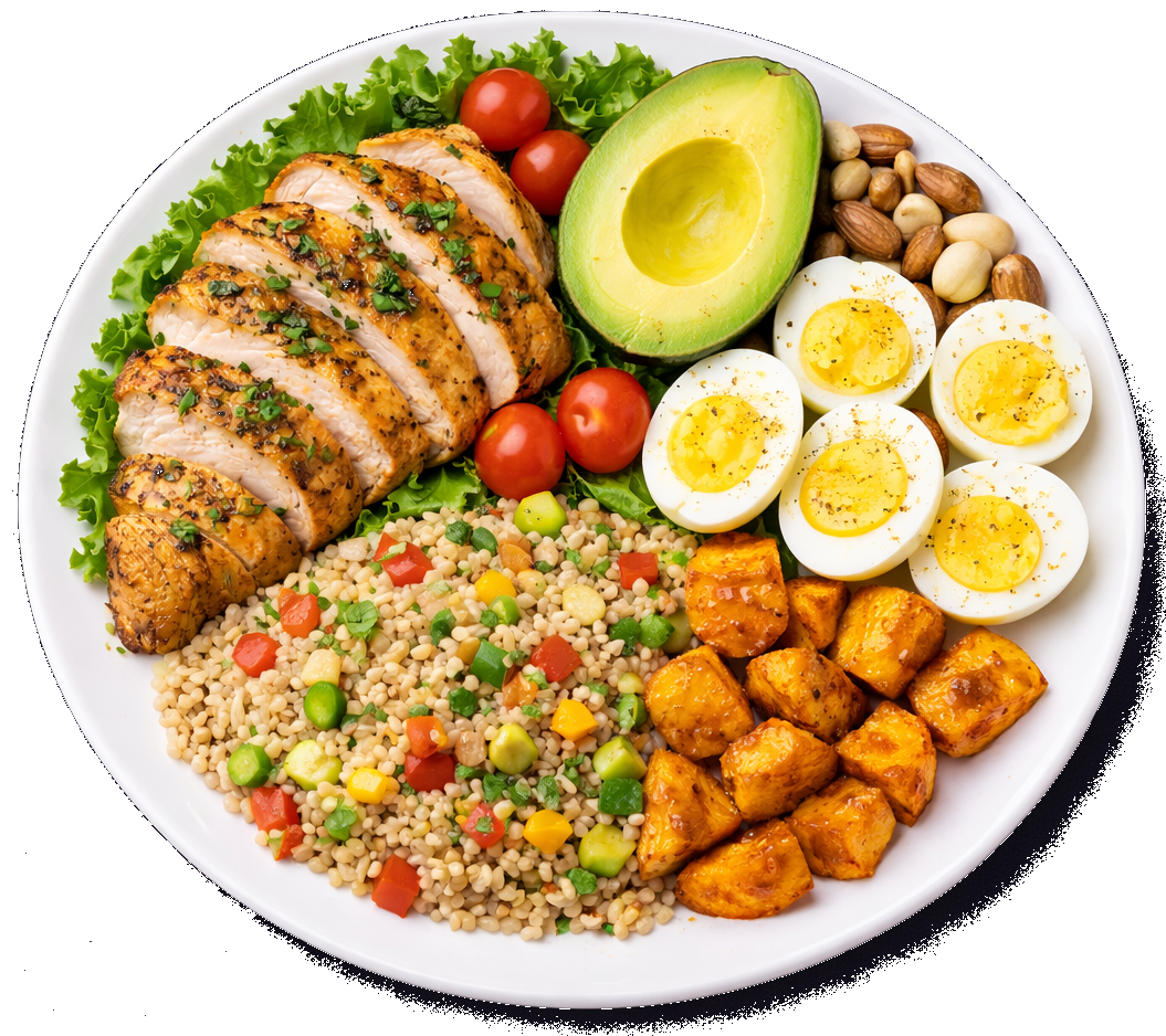 Pollo, aguacate, huevos duros, frutos secos, tomates cherry, quinoa con verduras y papas.