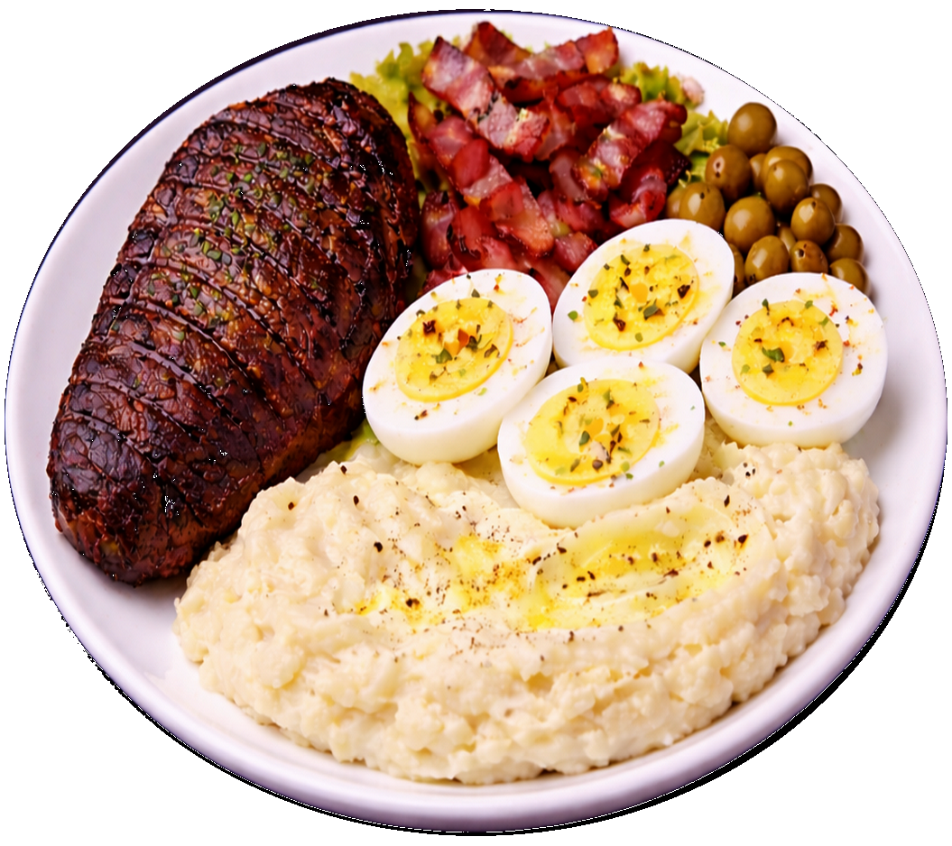 Carne de res, bacon, aceitunas, huevos duros y puré de papas con manteca.