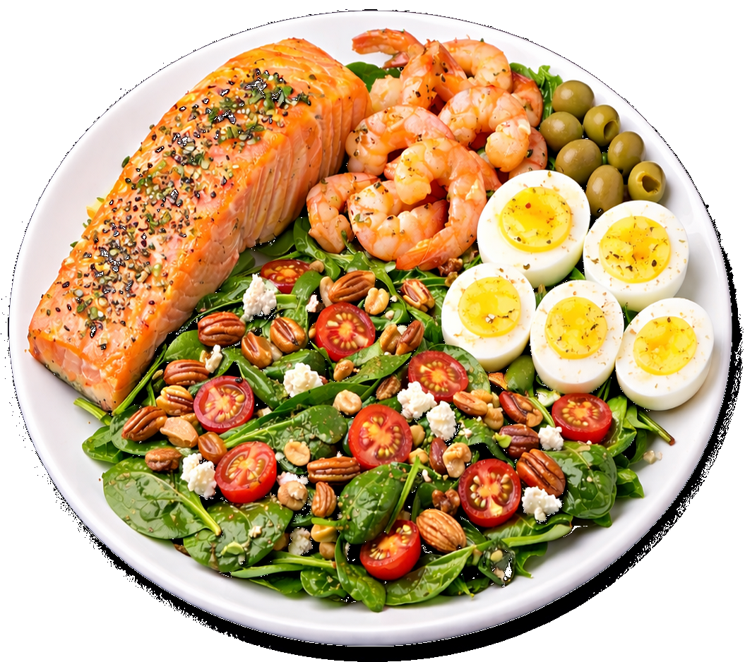 Salmón, camarones, aceitunas, huevos duros, ensalada de espinaca con aceite de oliva, tomates, frutos secos y queso fresco.