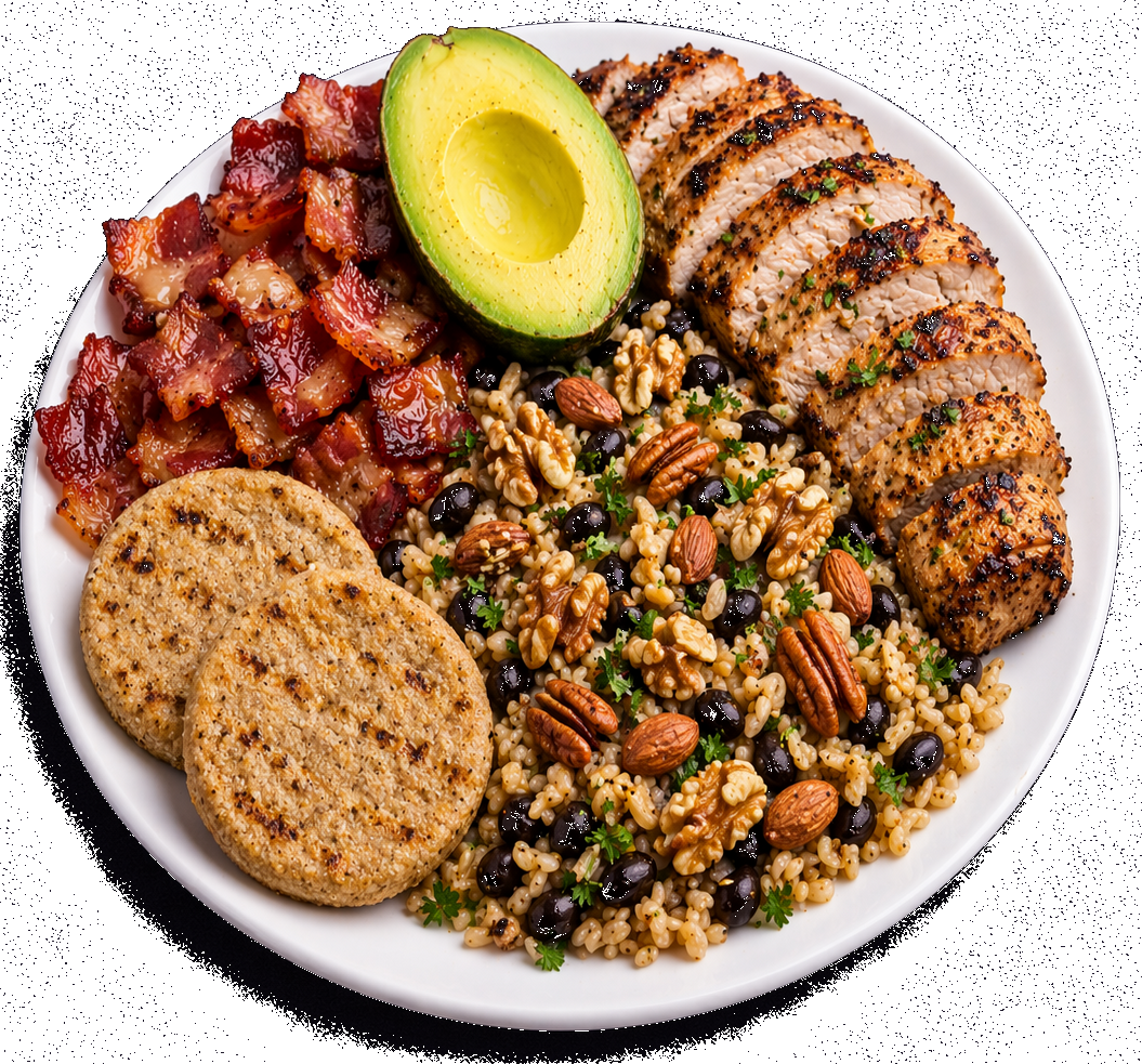 Cerdo, bacon, medio aguacate, arroz integral con frijoles negros y frutos secos, y dos arepas integrales pequeñas.