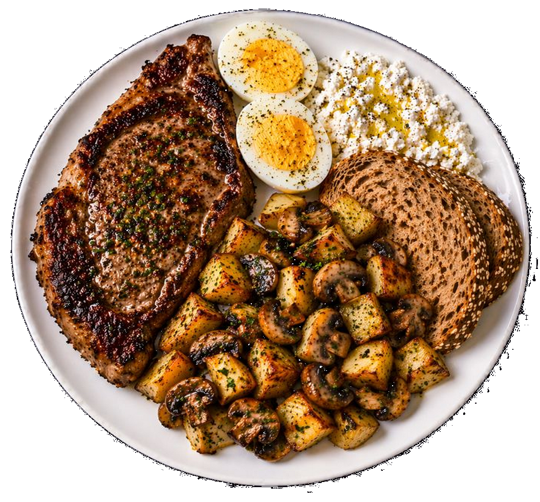 Carne de res, huevos duros, queso fresco con aceite de oliva, papas al horno con hongos salteados con aceite de oliva y pan integral.