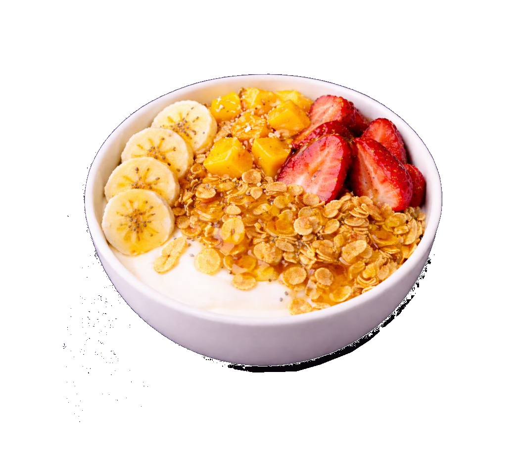 Bowl de yogurt con frutas, cereales y miel. (carbos simples)